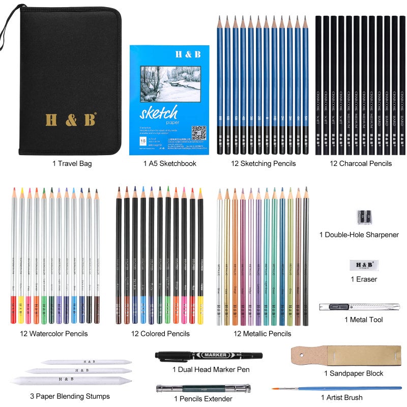 HB H & B 72PCS Drawing Supplies, Sketching Art Kit with A5 Sketchbook - Includes Graphite, Charcoal, Watercolor Pencils for Adults, Teens, Beginners & Kids - Image 3