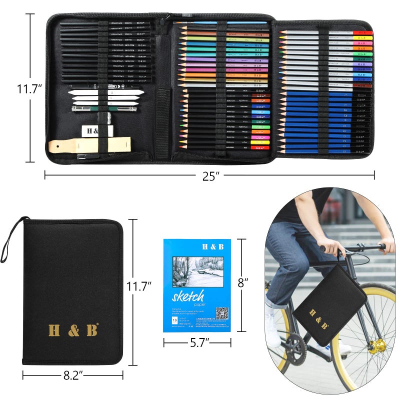 HB H & B 72PCS Drawing Supplies, Sketching Art Kit with A5 Sketchbook - Includes Graphite, Charcoal, Watercolor Pencils for Adults, Teens, Beginners & Kids - Image 2