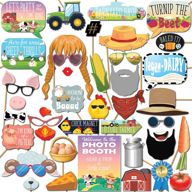 Farm Animal Photo Booth Props  41pc Photo Booth Kit with 8 x 10Inch Sign 60 Adhesive Pads 45 Sticks  Cowboy and Farm Party Decorations