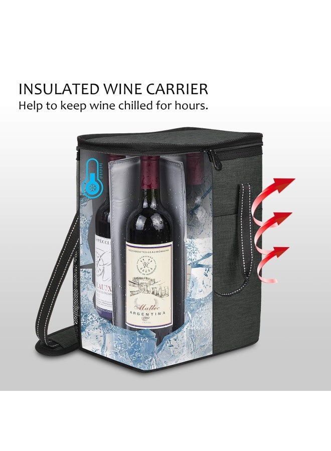 Tirrinia 6 Bottle Wine Carrier - Insulated  Padded Wine Carrying Cooler Tote Bag with Handle and Adjustable Shoulder Strap for Travel or Picnic IDEAL Wine Lover Gift Black - Image 3