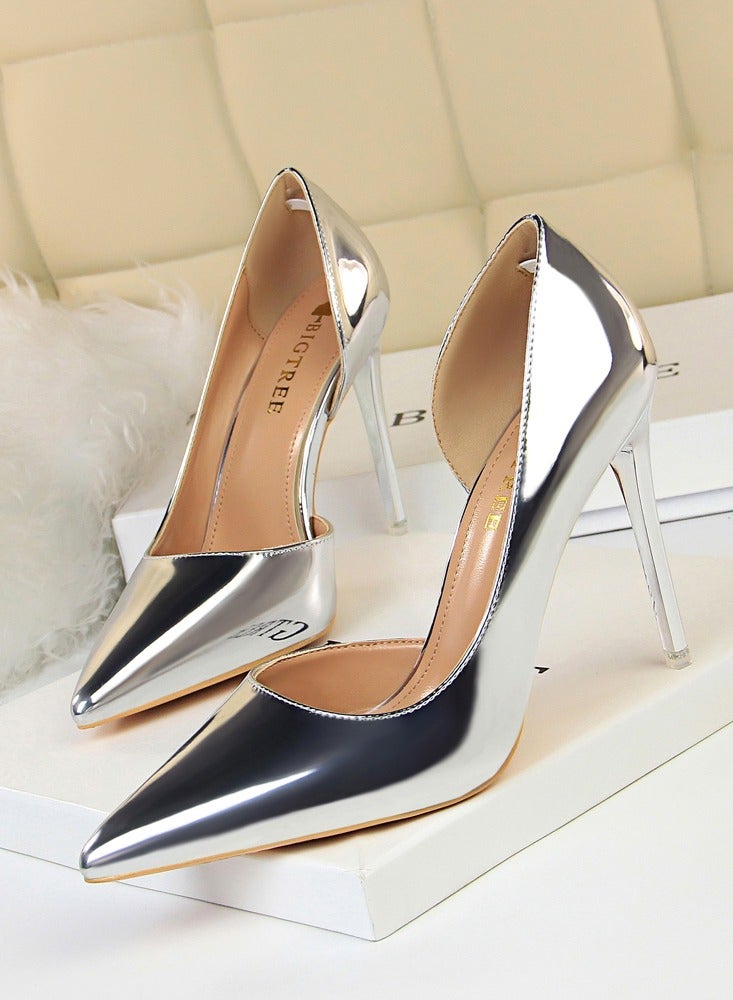 BIGTREE Women's Bright Fashionable Stiletto Pumps 10.5 cm Elegant Gorgeous Closed Pointed Toe Slip On Solid High Heels Silver - Image 1
