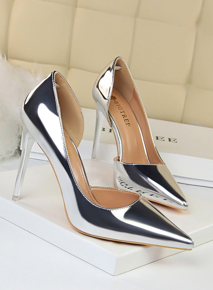 BIGTREE Women's Bright Fashionable Stiletto Pumps 10.5 cm Elegant Gorgeous Closed Pointed Toe Slip On Solid High Heels Silver - Image 2