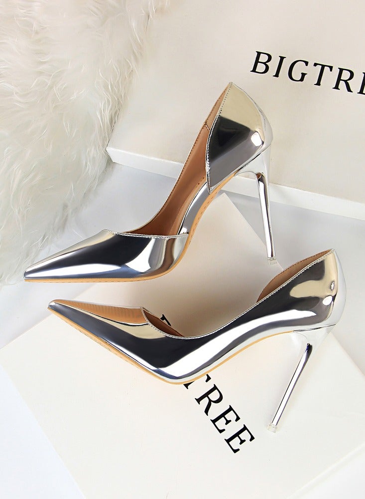 BIGTREE Women's Bright Fashionable Stiletto Pumps 10.5 cm Elegant Gorgeous Closed Pointed Toe Slip On Solid High Heels Silver - Image 3