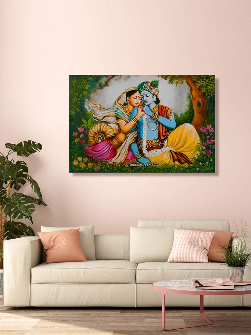 999STORE Wooden Stretched Lord Krishna Paintings Canvas Painting Radha Krishna Photo Frame Radha Sitting Between The Flowers Wall Frames Room Dcor 24X36 Inches Strectched Canvas Flp24360070