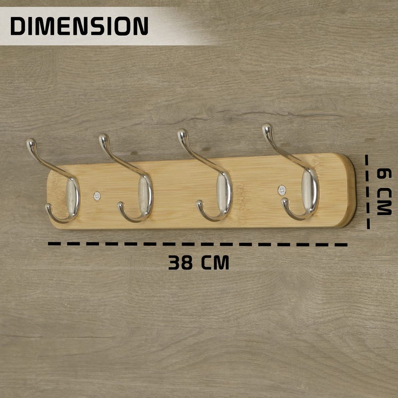 HOKIPO Bamboo Wooden Wall Mounted Hook Rail for Hanging Clothes 4 Hooks Rail AR3831