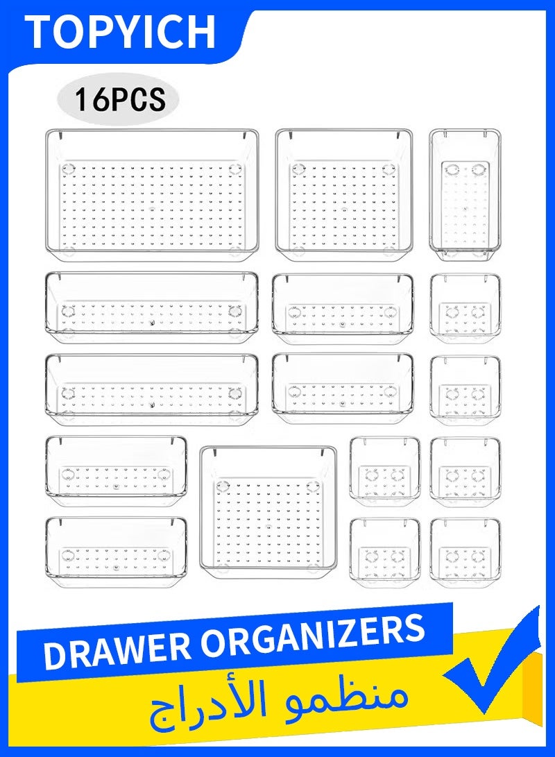 Topyich 16PCS Desk Drawer Organizers Set - Clear Drawer Tray, Dividers Vanity Trays for Makeup/Kitchen/Office - Image 1