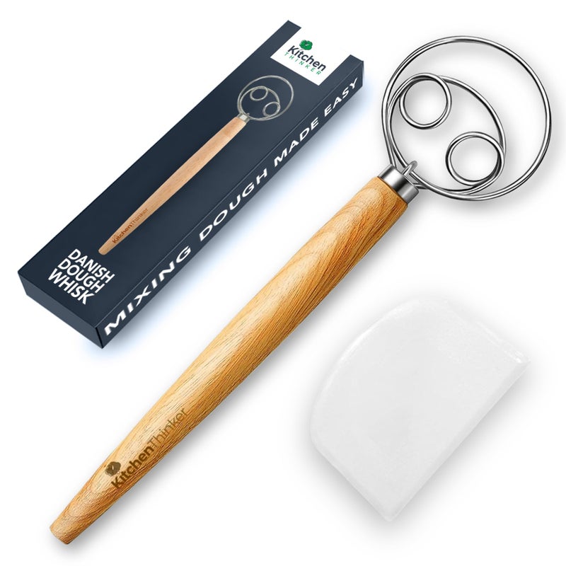 13 Inch Danish Dough Whisk with Dough Scraper Dutch Bread Whisk with Stainless Steel Dough Hook Sourdough Whisk for Baking Bread Whisking Tool