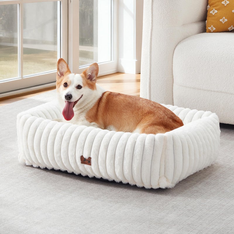 Warmrest Washable Dog Bed for Small Medium Dogs - Rectangle Orthopedic Corduroy Fleece Pet Bed with Removable Cover and Nonskid Bottom, Calming Puppy Bed Soft Pet Sofa, Cream(30x24x8inchs) - Image 1
