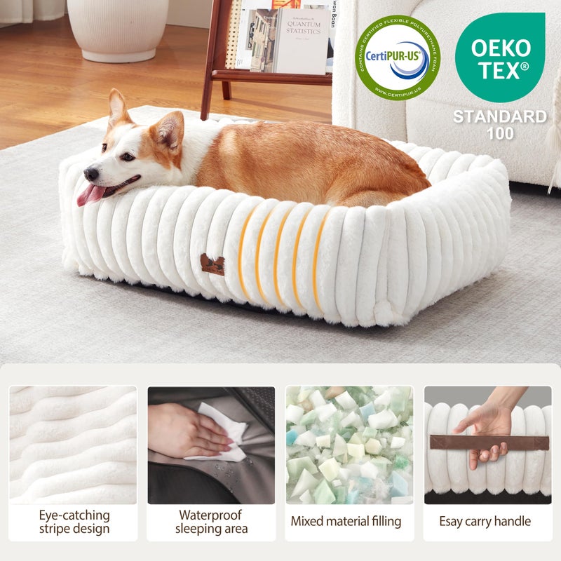 Warmrest Washable Dog Bed for Small Medium Dogs - Rectangle Orthopedic Corduroy Fleece Pet Bed with Removable Cover and Nonskid Bottom, Calming Puppy Bed Soft Pet Sofa, Cream(30x24x8inchs) - Image 2