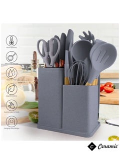 CERAMIC Kitchen Utensils Set of 19 Silicone Cooking Utensils with Holder Non stick Cookware Friendly And Heat Resistant Grey  - Image 2