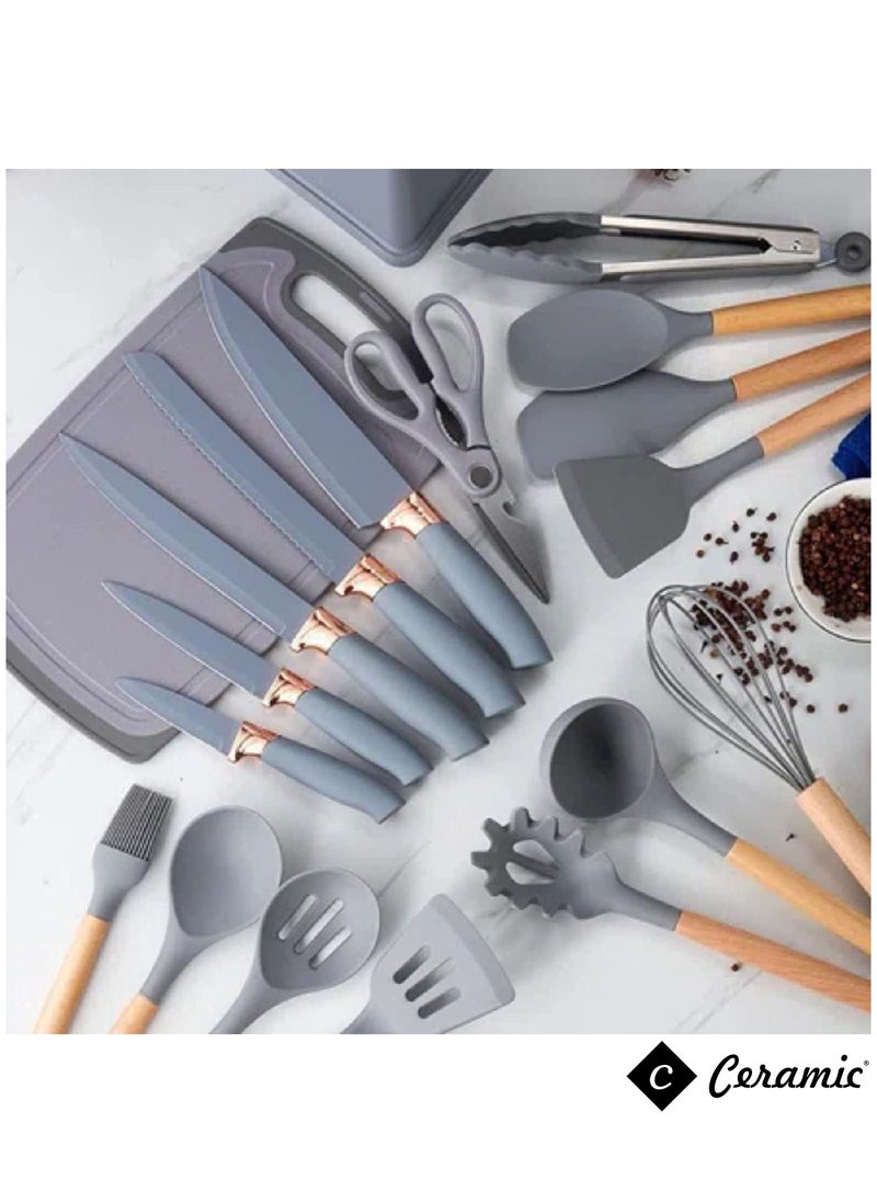 CERAMIC مجموعة أدوات المطبخ مكونة من 19 أداة طهي من السيليكون مع حامل، أواني طهي غير لاصقة، صديقة للبيئة ومقاومة للحرارة، رمادي  - Image 5