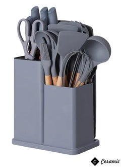 CERAMIC Kitchen Utensils Set of 19 Silicone Cooking Utensils with Holder Non stick Cookware Friendly And Heat Resistant Grey  - Image 1