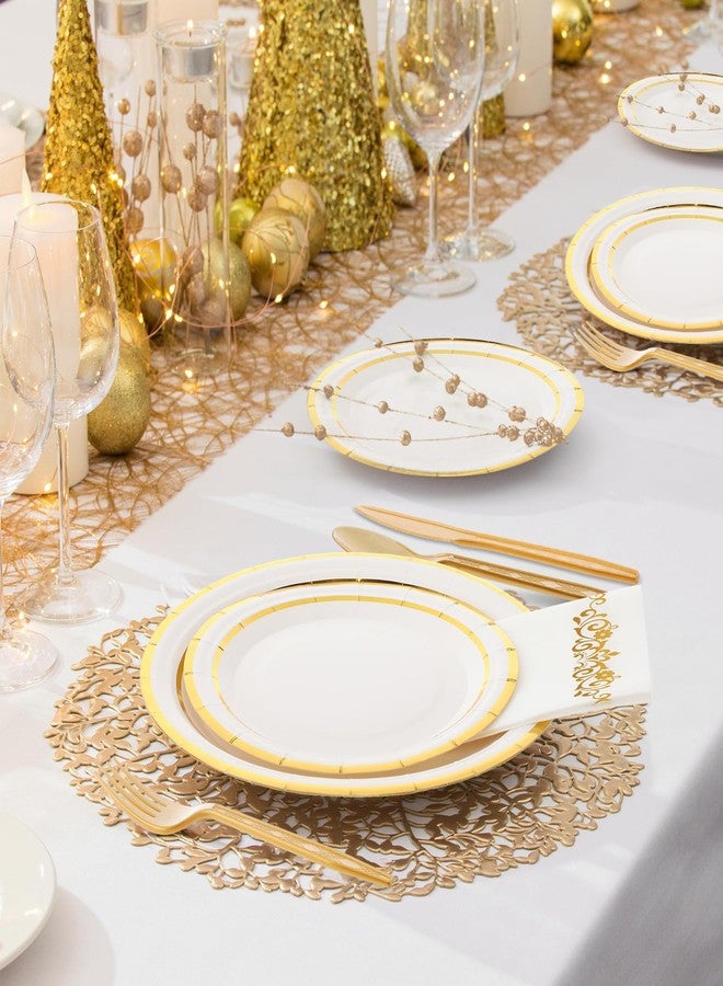 meekoo 350 Pcs Gold Plastic Dinnerware Set Disposable Paper Plates for 50 Guests 9in and 7in Dinner Dessert Plates Napkins Gold Rimmed Cups Knives Forks Spoons for Party Wedding (Round) - Image 3