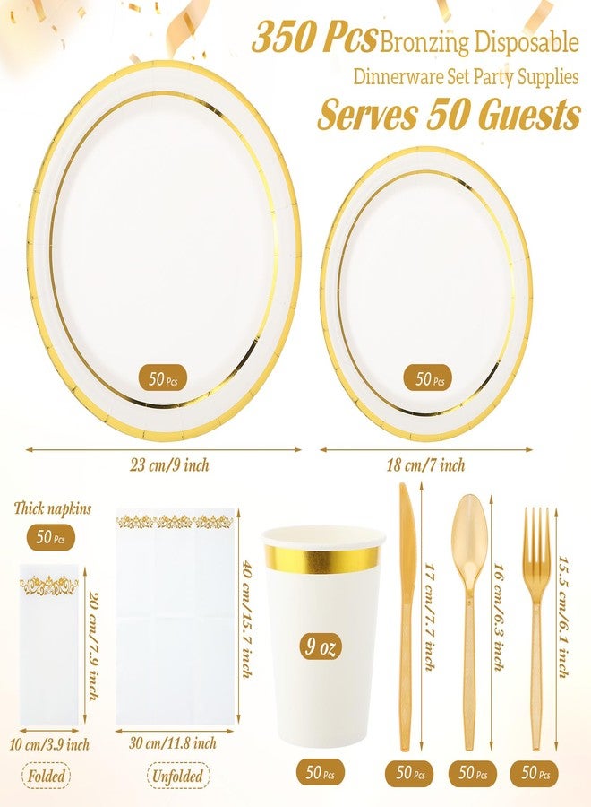 meekoo 350 Pcs Gold Plastic Dinnerware Set Disposable Paper Plates for 50 Guests 9in and 7in Dinner Dessert Plates Napkins Gold Rimmed Cups Knives Forks Spoons for Party Wedding (Round) - Image 2