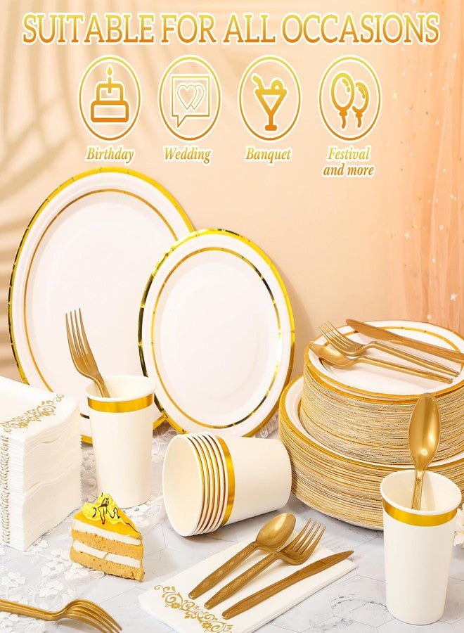 meekoo 350 Pcs Gold Plastic Dinnerware Set Disposable Paper Plates for 50 Guests 9in and 7in Dinner Dessert Plates Napkins Gold Rimmed Cups Knives Forks Spoons for Party Wedding (Round) - Image 4