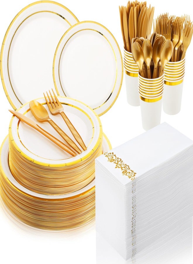 meekoo 350 Pcs Gold Plastic Dinnerware Set Disposable Paper Plates for 50 Guests 9in and 7in Dinner Dessert Plates Napkins Gold Rimmed Cups Knives Forks Spoons for Party Wedding (Round) - Image 1