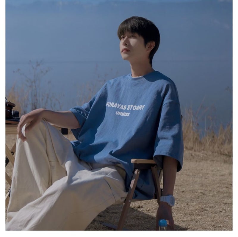 Simple three-dimensional letter short sleeve T-shirt men's summer Japanese fashion brand round neck half sleeve t-shirt - Image 2