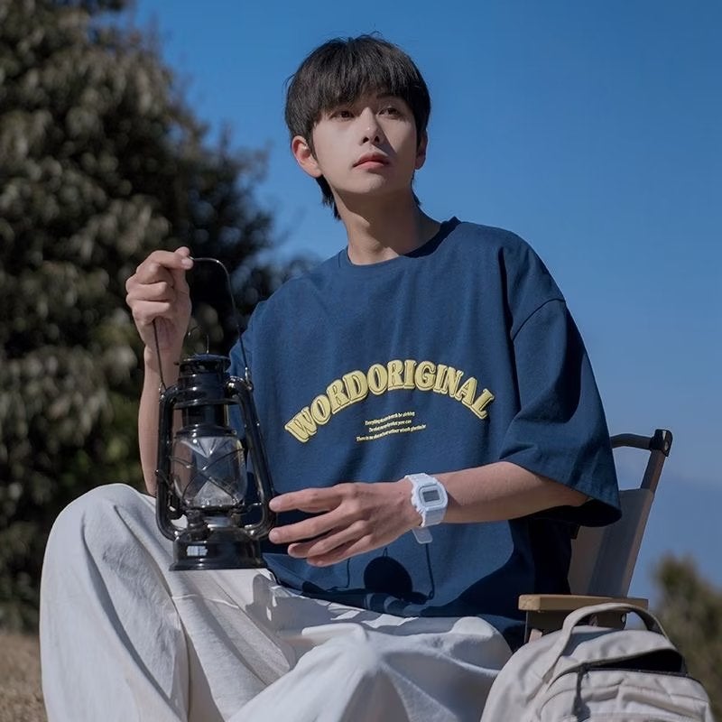 Simple three-dimensional letter short sleeve T-shirt men's summer Japanese fashion brand round neck half sleeve t-shirt - Image 4