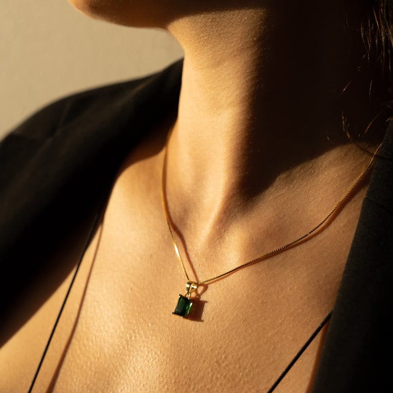 espere Emerald Baguette CZ Pendant Necklace | 14K Gold Plated Sterling Silver | Emerald-Cut Green Crystal Dainty Box Chain Necklace 18'' - Image 3