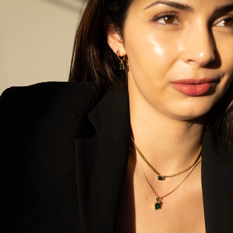 espere Emerald Baguette CZ Pendant Necklace | 14K Gold Plated Sterling Silver | Emerald-Cut Green Crystal Dainty Box Chain Necklace 18'' - Image 5