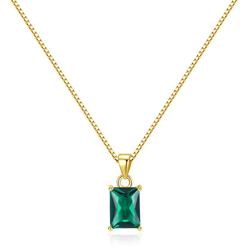 espere Emerald Baguette CZ Pendant Necklace | 14K Gold Plated Sterling Silver | Emerald-Cut Green Crystal Dainty Box Chain Necklace 18'' - Image 1