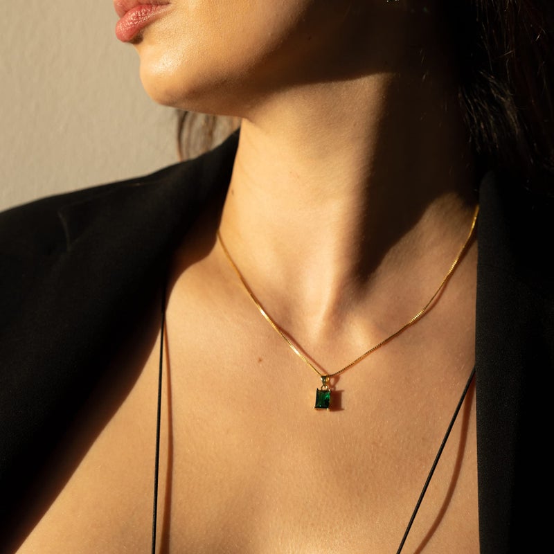 espere Emerald Baguette CZ Pendant Necklace | 14K Gold Plated Sterling Silver | Emerald-Cut Green Crystal Dainty Box Chain Necklace 18'' - Image 2