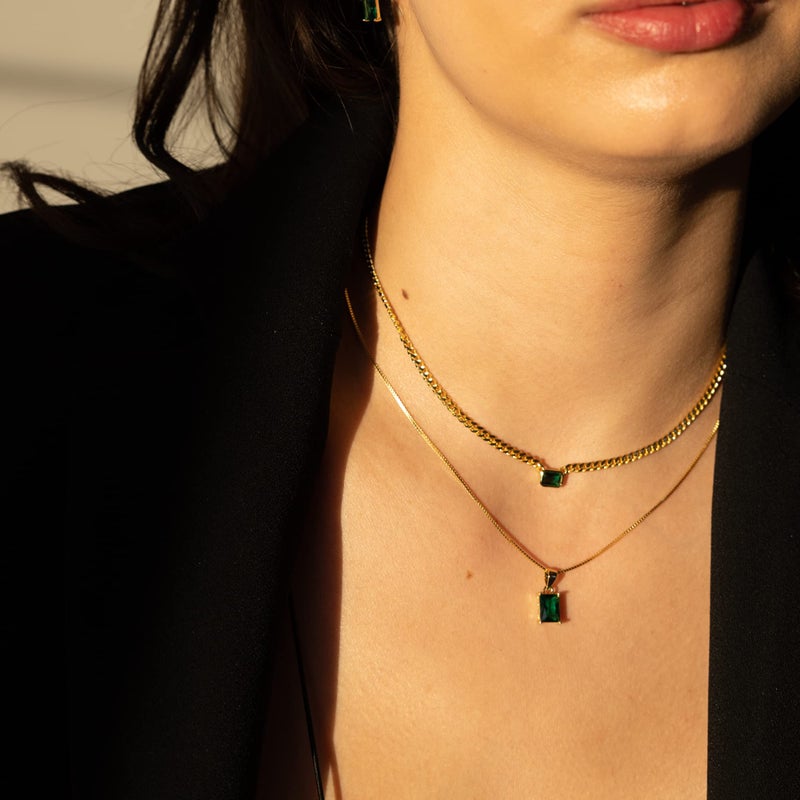 espere Emerald Baguette CZ Pendant Necklace | 14K Gold Plated Sterling Silver | Emerald-Cut Green Crystal Dainty Box Chain Necklace 18'' - Image 4