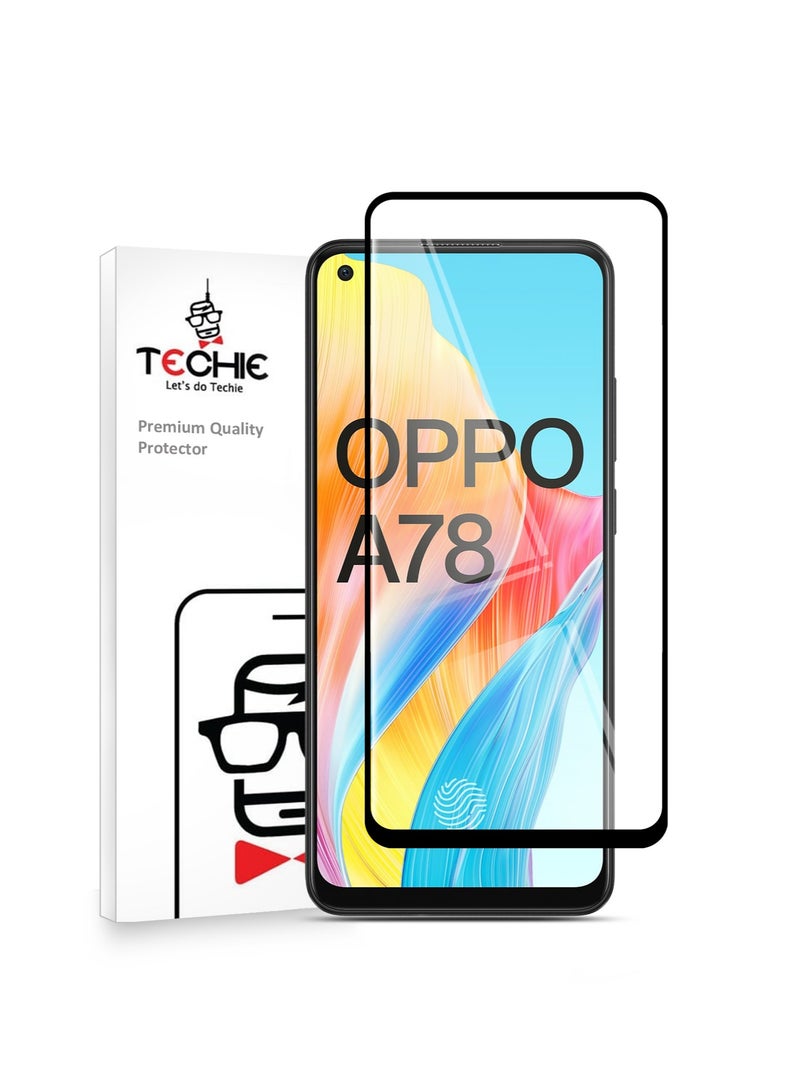 Techie حماية الشاشة الزجاجية المقواة 5D كاملة التغطية 9H لهاتف أوبو A78 - مضادة للخدوش، مضادة لبصمات الأصابع، وتقنية خالية من الفقاعات - Image 1