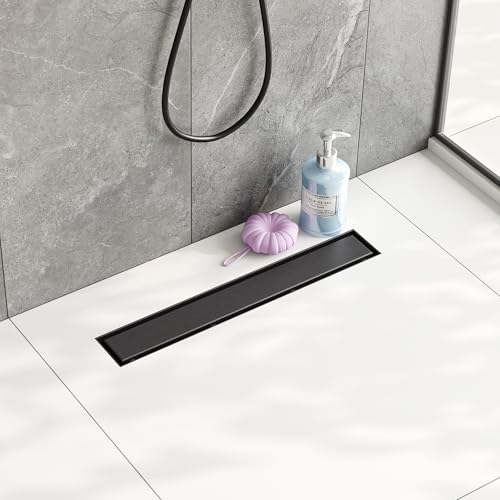Neodrain 18Inch Linear Shower Drainwith 2in1 Flat  Tile Insert Shiny Black Cover Rectangle Shower Floor Drain Linear Drain with Adjustable Leveling Feet Hair Strainer