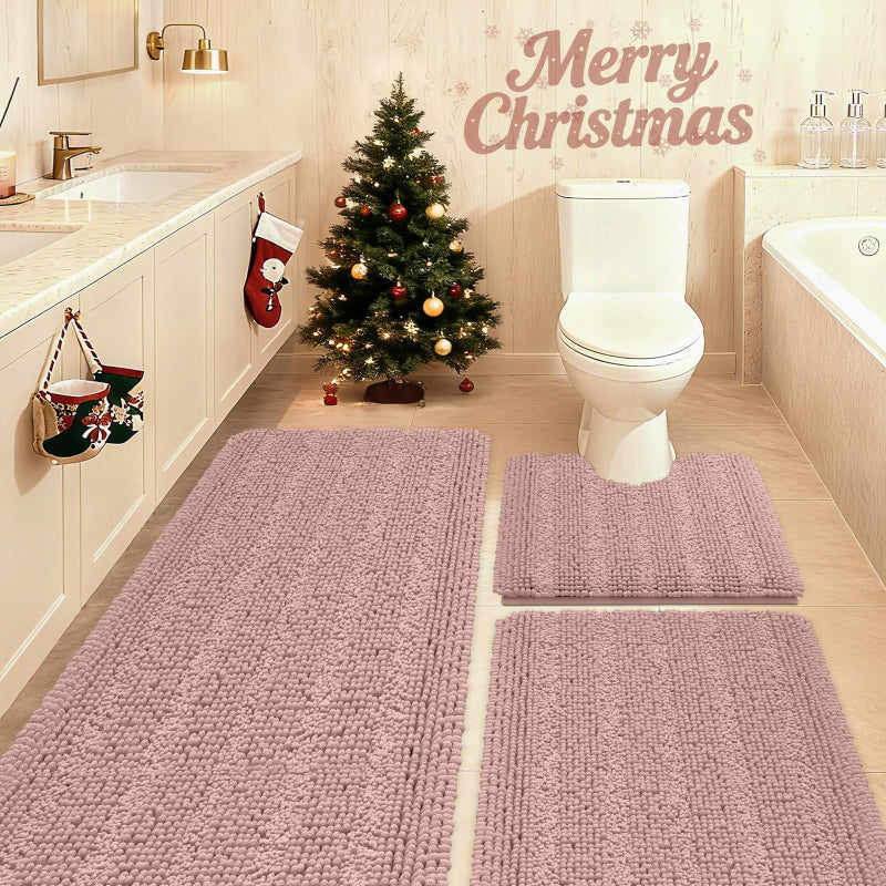 Striped Dusty Pink Bathroom Rug Set 3 Pieces Ultra Soft Non Slip Chenille Bath Carpet Absorbent Plush Shaggy Bath Mats for Bathroom Toilet Bedroom Kitchen