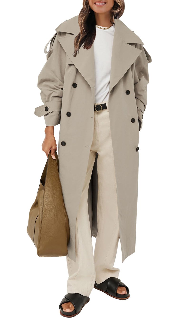 Farktop Womens Oversized Long Trench Coat Double Breasted Lapel Windproof Overcoat with Belt - Image 1