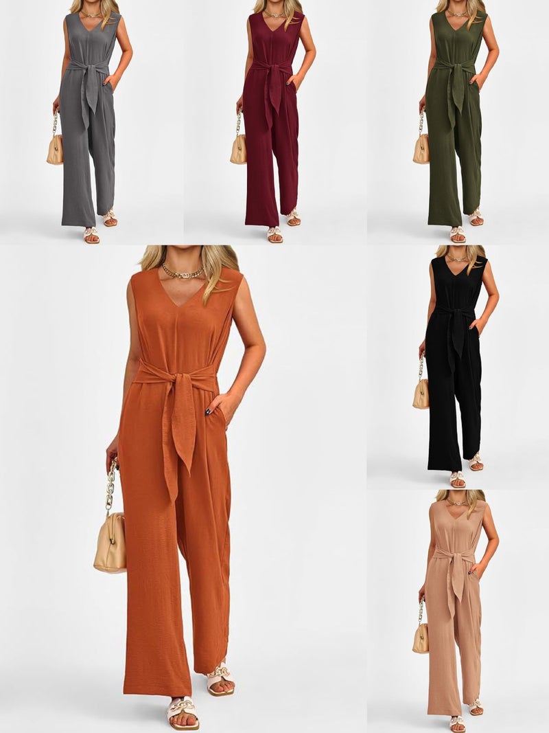 2024 Women'S New V-Neck Wide Leg Jumpsuit Sleeveless Belt Jumpsuit Women