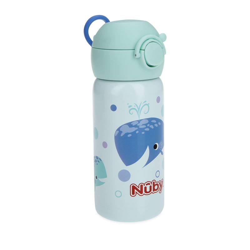 نوبي Thirsty Kids No Spill Flip-It Active Stainless Steel Travel Cup or Water Bottle - 14 Oz - 18+ Months - Mint Whale - Image 4
