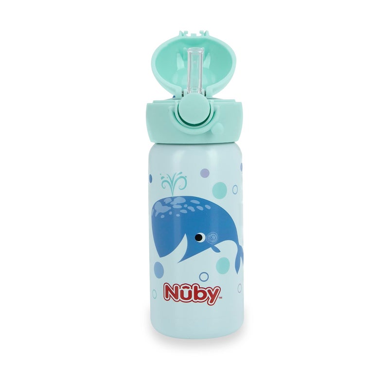 نوبي Thirsty Kids No Spill Flip-It Active Stainless Steel Travel Cup or Water Bottle - 14 Oz - 18+ Months - Mint Whale - Image 5