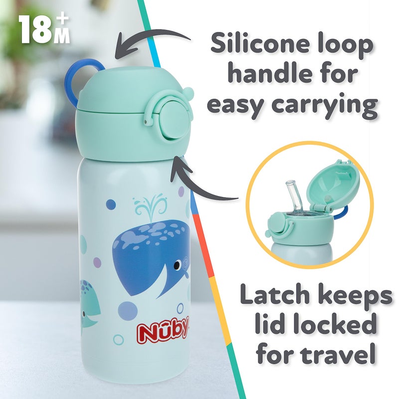 نوبي Thirsty Kids No Spill Flip-It Active Stainless Steel Travel Cup or Water Bottle - 14 Oz - 18+ Months - Mint Whale - Image 2