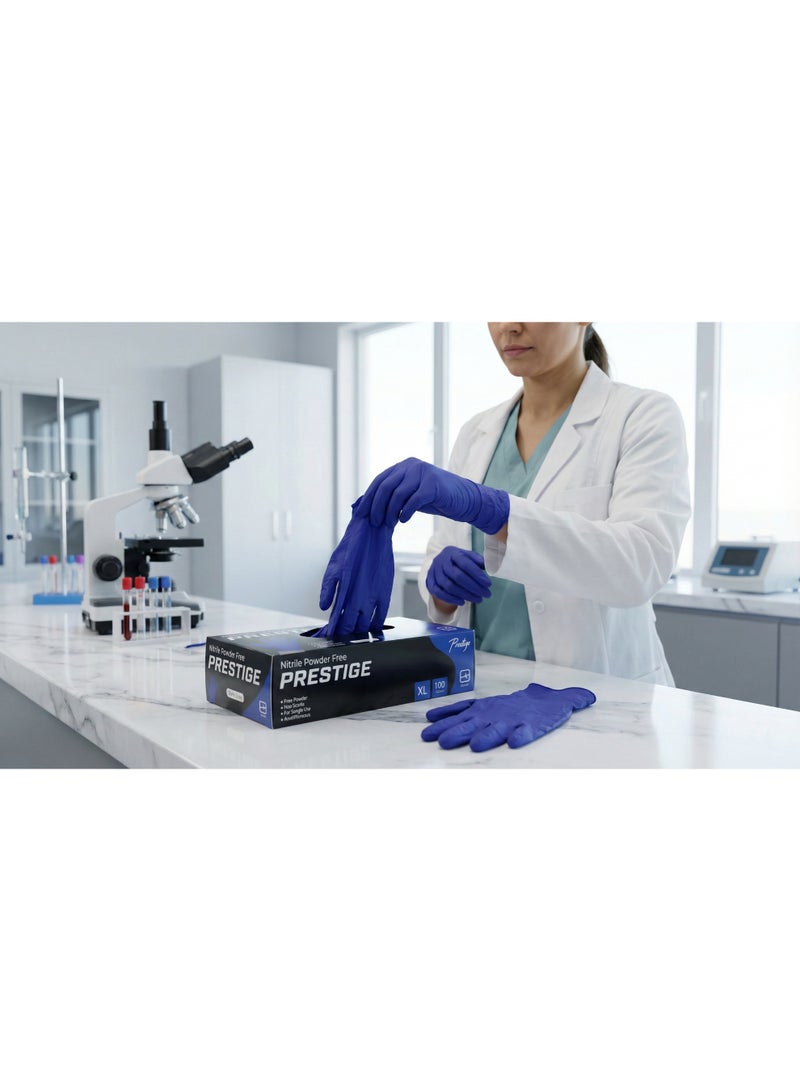 قفازات فحص نيتريل بدون بودرة بريستيج – لون أزرق – مقاس XL – علبة 100 قطعة – استخدام طبي ومهني - Image 2