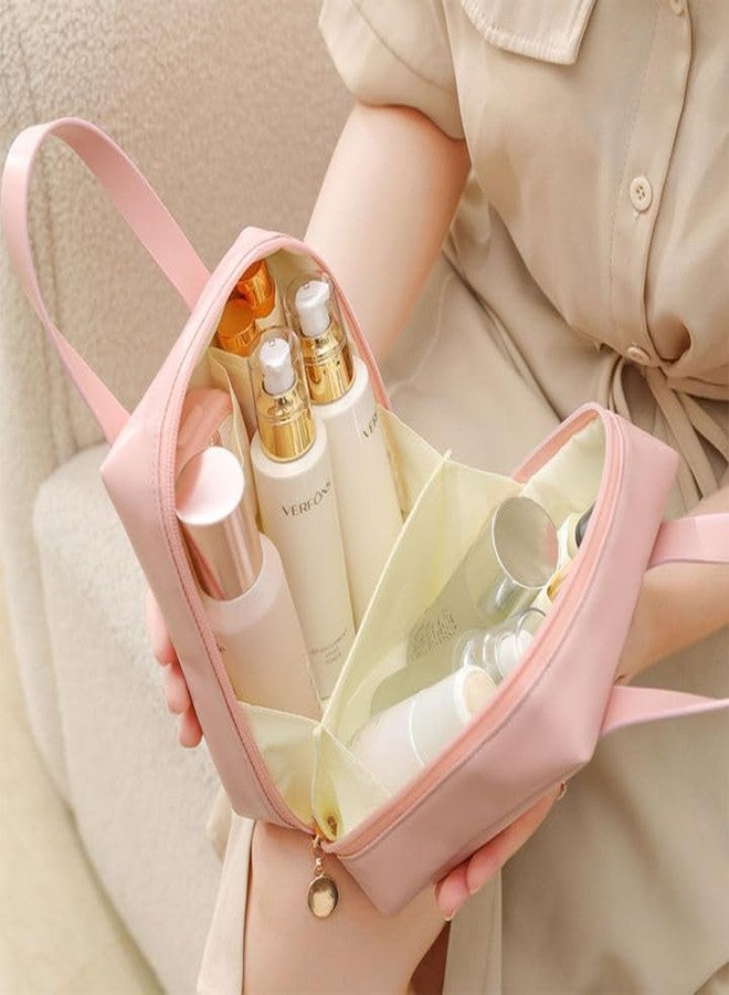 Trendegic Multi Functional Small Portable Handheld Cosmetic Bag for Women with Compartments Travel Makeup Bag Cosmetic Pouch Household Grooming Kit Makeup Wash Bag for Women (Pink) - Image 2