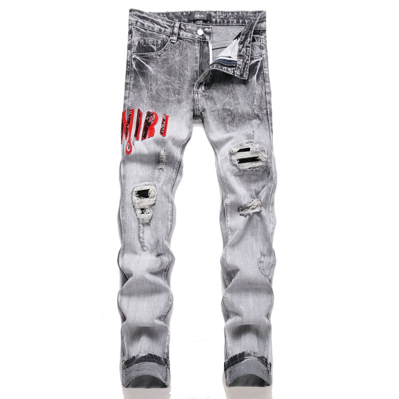 Cross-border foreign trade European and American style gray ripped jeans mens embroidered patch slim pants stretch small straight pants Black 