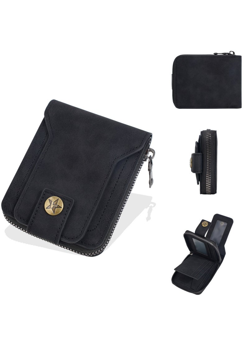 WAOKN Men's Retro Vintage Bifold Wallet, Premium PU Leather Anti-Theft Short Purse with Zipper Coin Pocket & ID Window, Multi-Function Business Casual Card Men's Retro Vintage Bifold Wallet, Premium PU Leather Anti-Theft Short Purse with Zipper Coin Pocket & ID Window, Multi-Function Business Casual Card Holder Wallet for Daily UseHolder Wallet DAIKY=== - Image 1