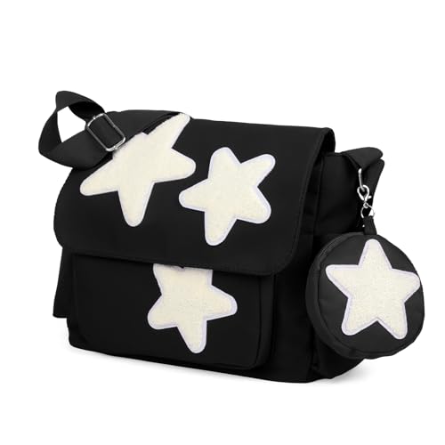 Valleycomfy Messenger Bag,Canvas Messenger Bag with Star Purse,Crossbody Bag for Women,Black - Image 1