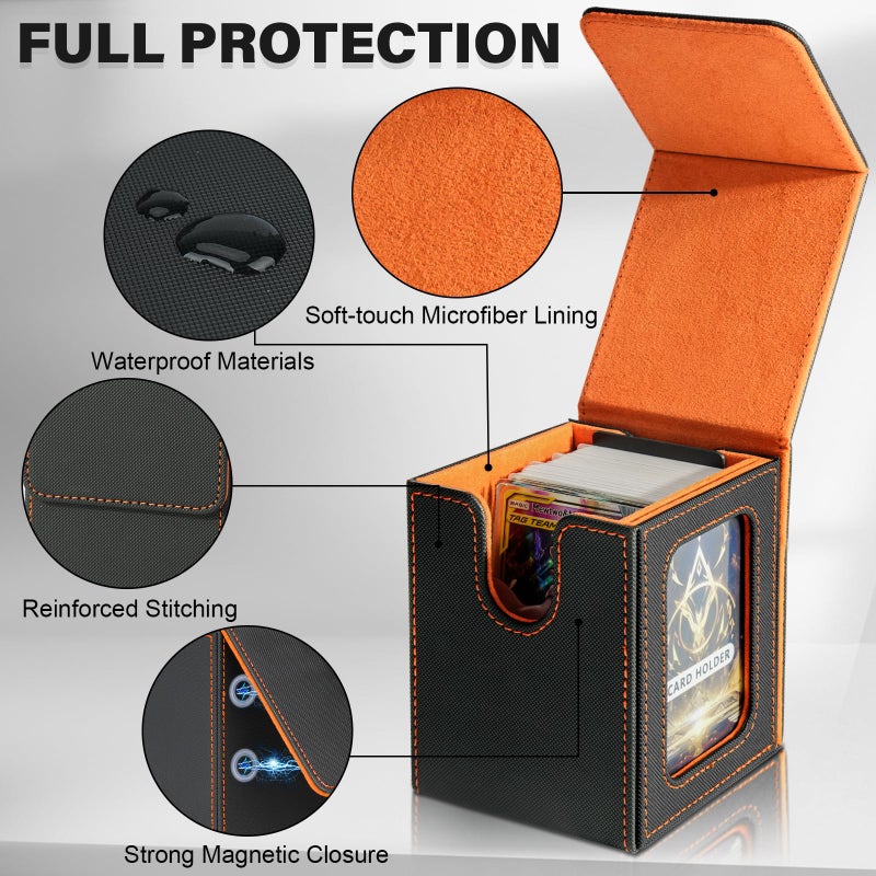 Jaffzora Card Deck Box for MTG Commander, Card Storage Box for Trading Cards, PU Leather Magnetic Card Display Case, Holds 100 Double-Sleeved Cards, Black&Orange - Image 5
