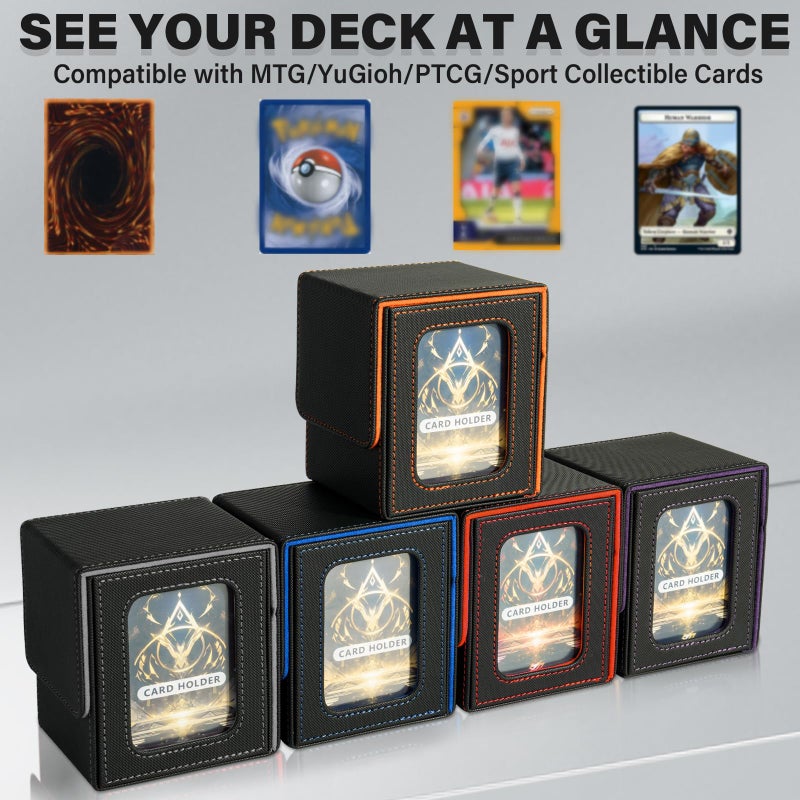 Jaffzora Card Deck Box for MTG Commander, Card Storage Box for Trading Cards, PU Leather Magnetic Card Display Case, Holds 100 Double-Sleeved Cards, Black&Orange - Image 2