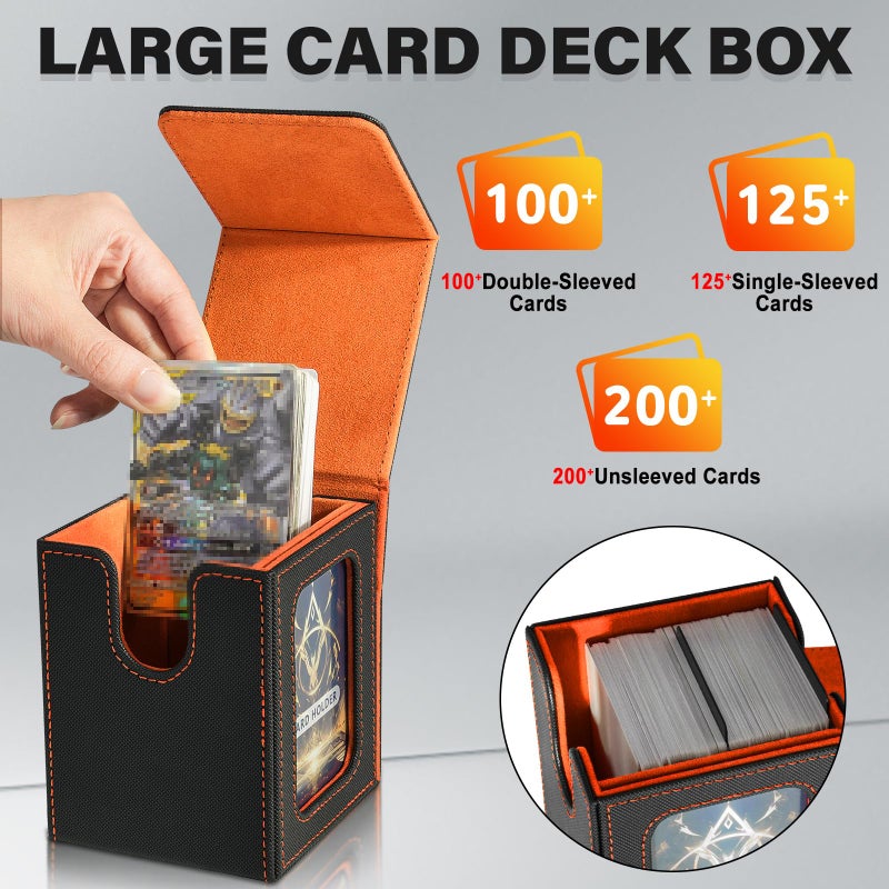 Jaffzora Card Deck Box for MTG Commander, Card Storage Box for Trading Cards, PU Leather Magnetic Card Display Case, Holds 100 Double-Sleeved Cards, Black&Orange - Image 4