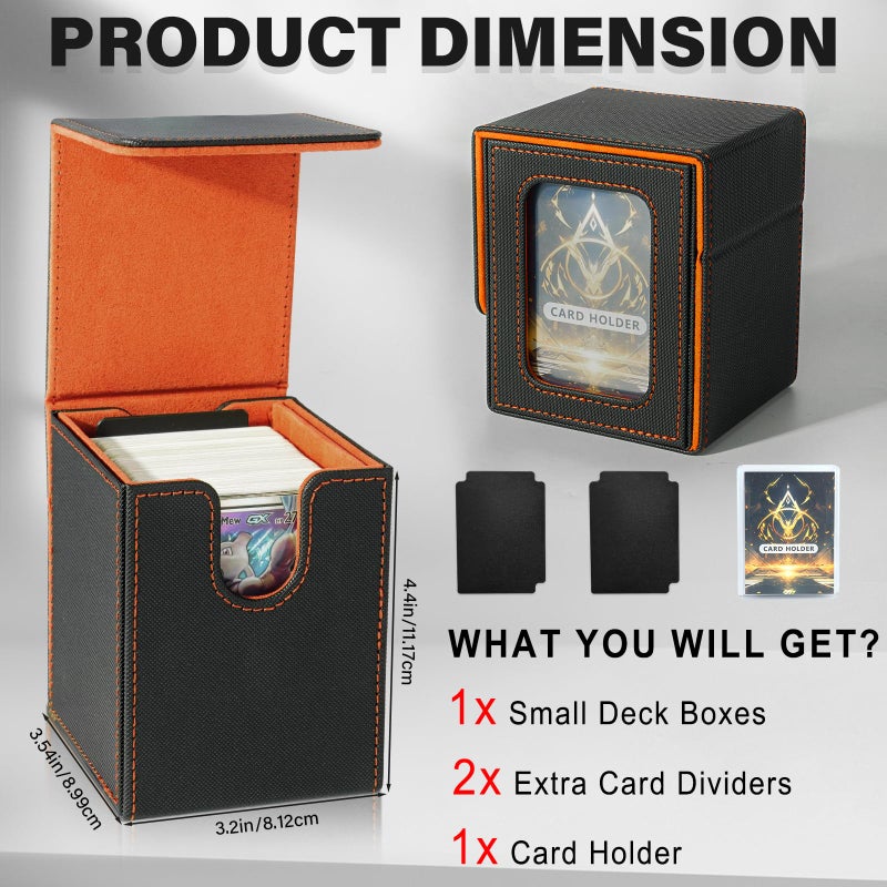 Jaffzora Card Deck Box for MTG Commander, Card Storage Box for Trading Cards, PU Leather Magnetic Card Display Case, Holds 100 Double-Sleeved Cards, Black&Orange - Image 3