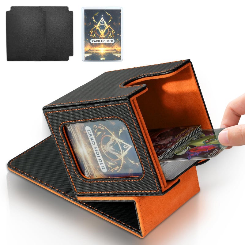 Jaffzora Card Deck Box for MTG Commander, Card Storage Box for Trading Cards, PU Leather Magnetic Card Display Case, Holds 100 Double-Sleeved Cards, Black&Orange - Image 1