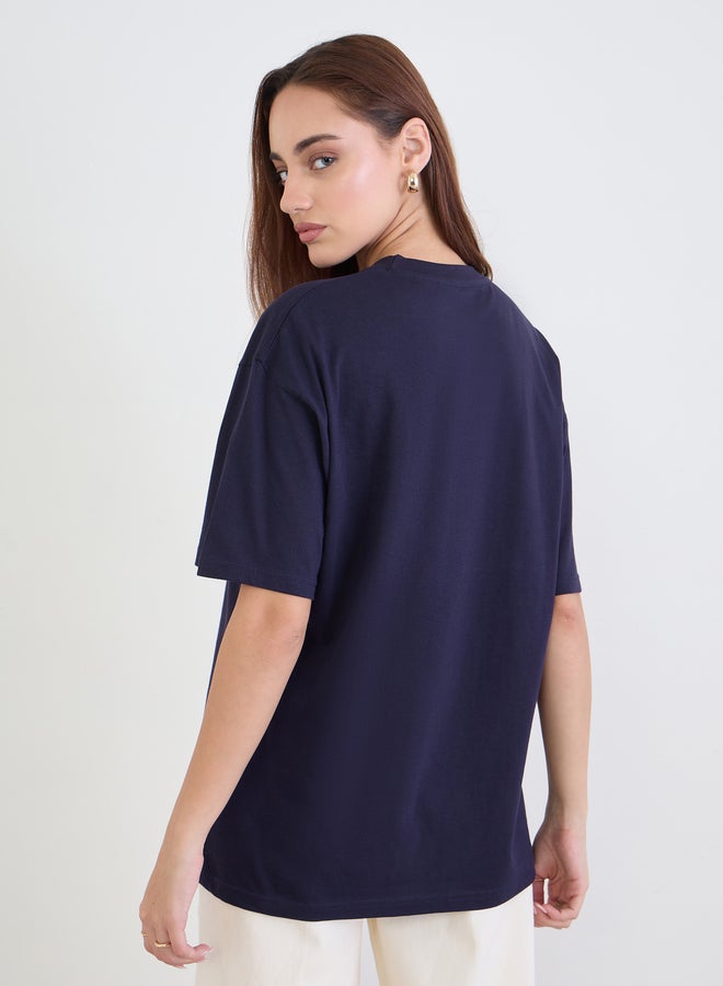 Styli Navy Blue Embroidered Slogan Oversized T-Shirt - Image 5