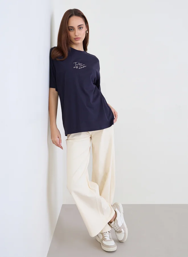Styli Styli Navy Blue Embroidered Slogan Oversized T-Shirt