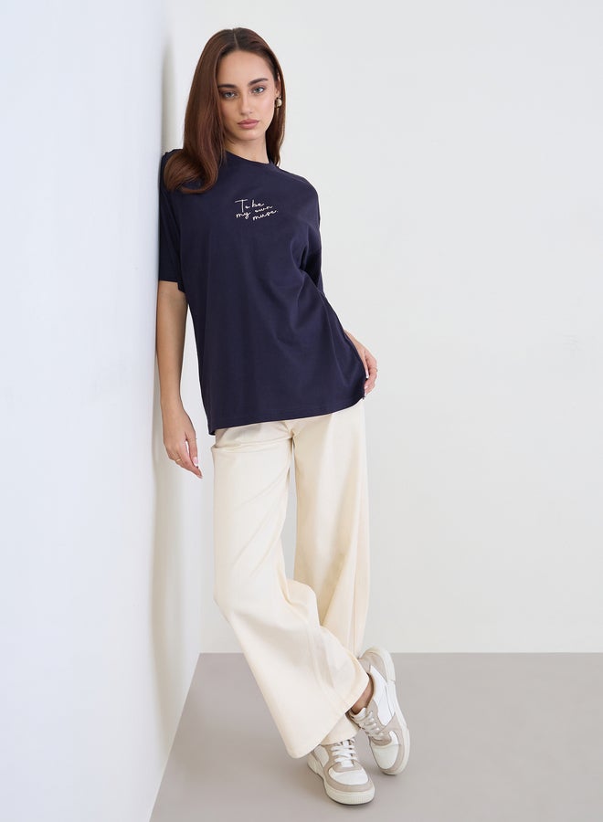 Styli Navy Blue Embroidered Slogan Oversized T-Shirt - Image 2