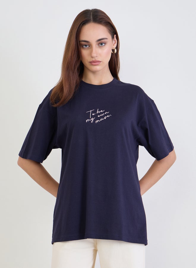 Styli Navy Blue Embroidered Slogan Oversized T-Shirt - Image 3