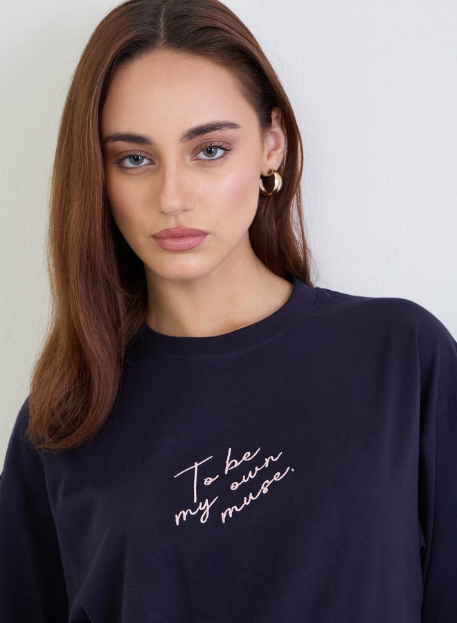 Styli Navy Blue Embroidered Slogan Oversized T-Shirt - Image 4